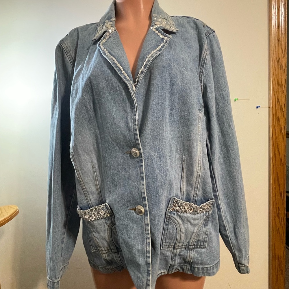 Jeanology Women’s‎ size 18W Cotton Bling Blue Jean Denim Jacket front pockets